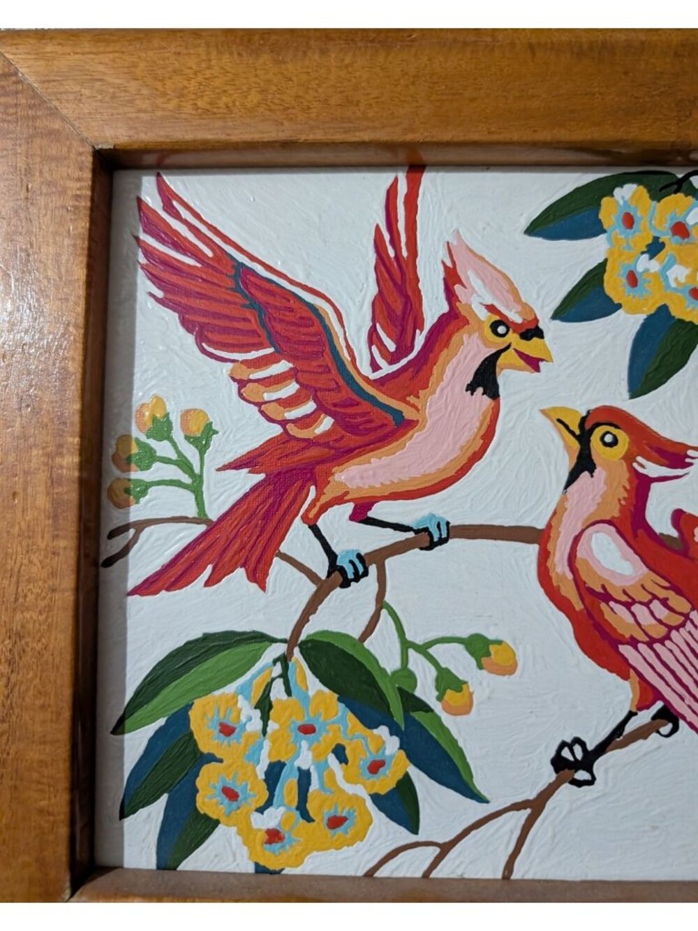 Vintage Paint by Number Cardinal red Birds Yellow Flowers wooded 10 in Folk art - Picture 7 of 11